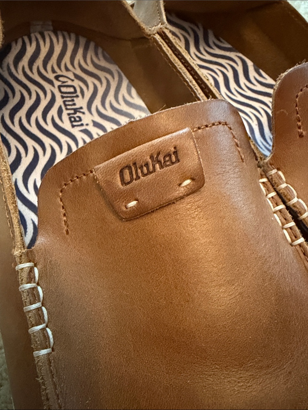 OluKai Tan/Brown Leather Slip-On Loafers - Picture 2 of 7